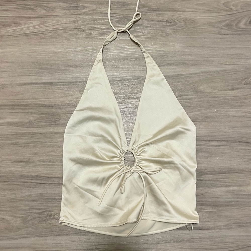 Abercrombie Satin Cinched Halter Top in cream, size M